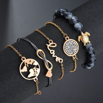 Vintage Turtle Heart Map Charm Bracelets Set For Women 2 New Design Stone Beads Infinite Bracelet Boho Jewelry Wholesale Geometric Goods
