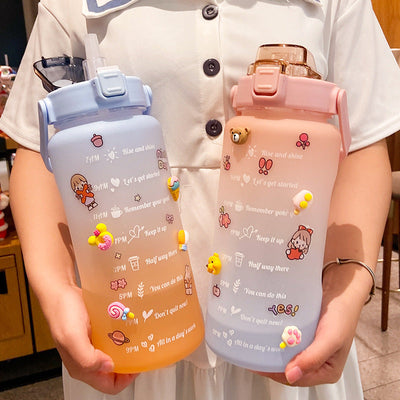 Stickers Water Bottle With Straw 2000ml Cute Portable Scale Bottle Geometric Goods