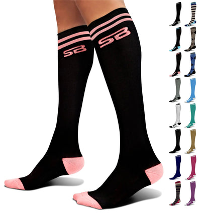SB SOX Compression Socks (20-30mmHg) for Men & Women – Best Striped/Fun Compression Socks for All Day Wear! (Black/Pink Medium) NextGen Gadgets & Deals